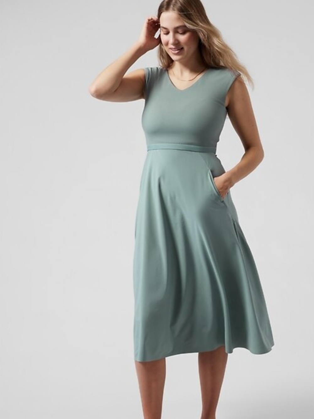 Athleta Sleeveless V-Neck Midi Dress in Sage Green